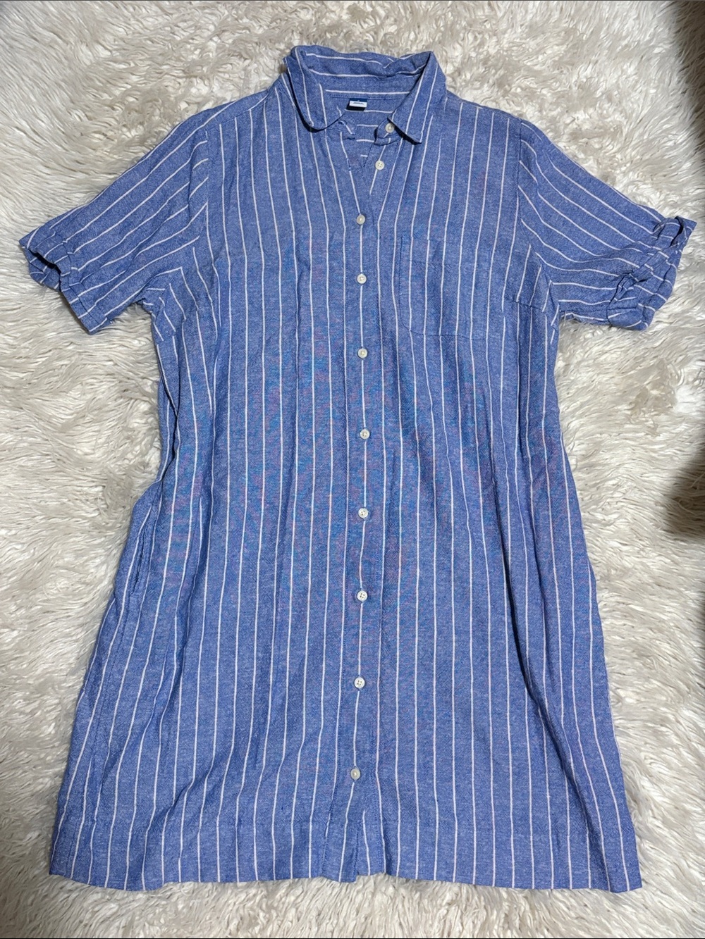 Blue linen Striped Short-Sleeve button up dress with pockets
